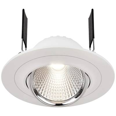 Einbau-LED-Spot mit einem weißen Rahmen und verstellbarem Leuchtkopf, der klares Licht emittiert. Geeignet für Deckenmontage.