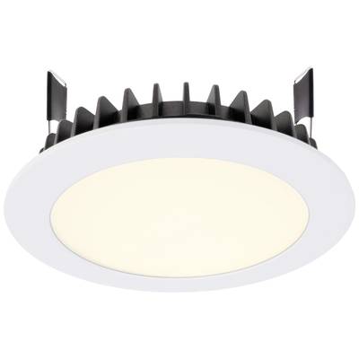 Einbau-Deckenleuchte mit schwarzer Kühlrippe und weißem Rahmen, leuchtet warmes Licht. Geeignet für moderne Innenräume.