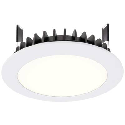 Runde LED-Einbauleuchte mit weißen Rahmen und schwarzem Kühlkörper, strahlt nach unten gerichtetes diffuses Licht aus.