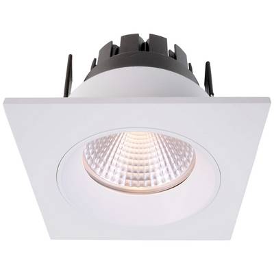 Ein quadratischer LED-Einbaustrahler mit schwarzem Kühlkörper und silbernem Reflektor in einem weißen Rahmen.