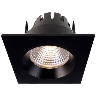 Schwarzer quadratischer LED-Deckenspot mit sichtbarem Reflektor und Kühlrippen.