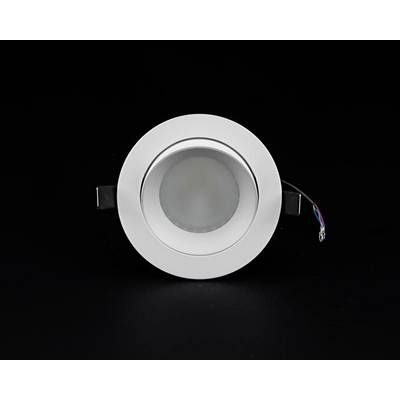 Ein runder, weißer LED-Deckeneinbaustrahler mit einem matten Diffusor vor schwarzem Hintergrund. Ein Stromkabel ist sichtbar.