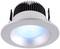 Eine kreisförmige LED-Deckenlampe mit silbernem Rand und blauer Beleuchtung in der Mitte.