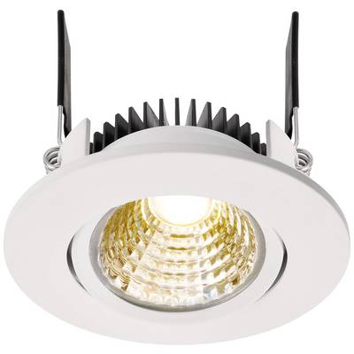 Ein eingebauter LED-Deckenspot mit rundem, weißem Rahmen und sichtbarer Glühbirne, geeignet für Innenraumbeleuchtung.