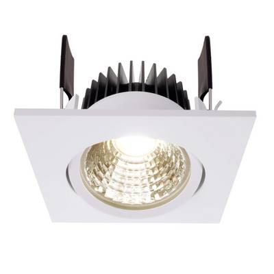Ein quadratischer LED-Deckenspot mit schwarzem Kühlkörper und eingebautem Reflektor. Ideal zur Akzentbeleuchtung in Innenräumen.
