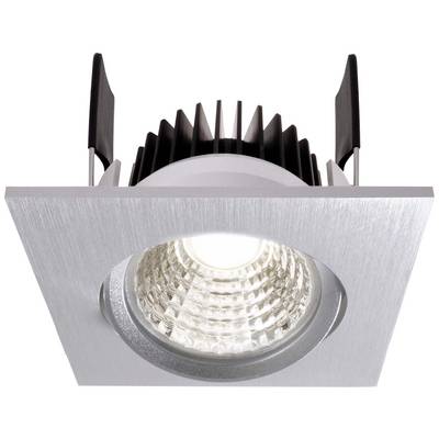 Quadratische LED-Deckeneinbauleuchte mit gebürstetem Aluminiumrahmen. Im Zentrum leuchtet eine helle LED-Lampe.
