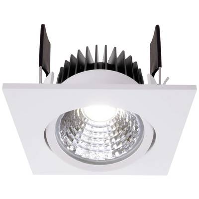 Ein quadratischer LED-Deckeneinbaustrahler mit schwarzem Kühlkörper und hell leuchtendem Zentrum in einem weißen Gehäuse.