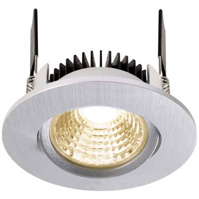 Runde Deckenleuchte mit silbernem Rahmen und LED-Licht, das warmweiß leuchtet.