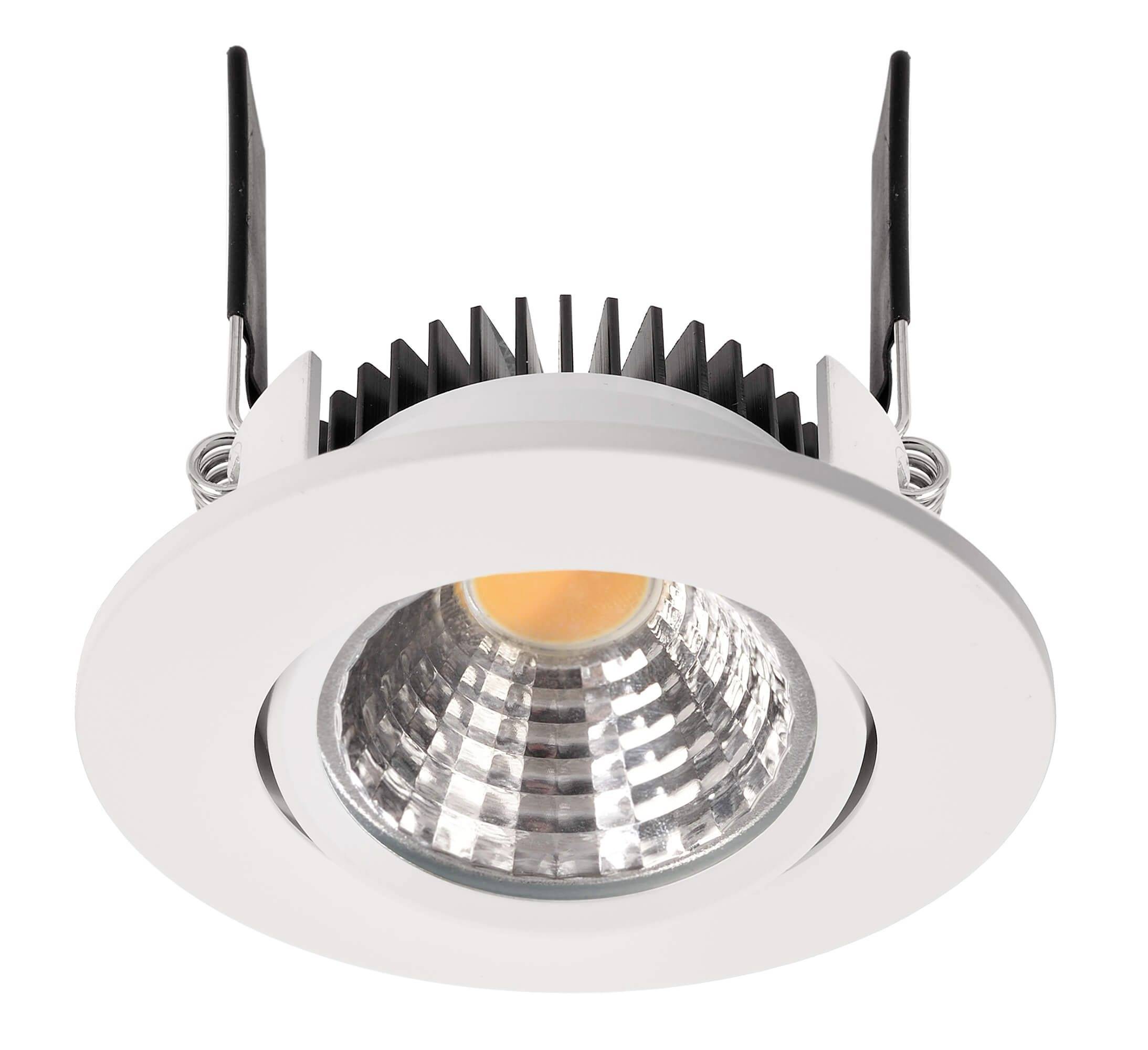 Rundes, weißes LED-Deckeneinbauleuchten-Element mit sichtbarem Glühlicht und Kühlrippen.