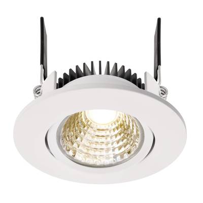 Runder LED-Deckenspot mit weißem Gehäuse, integriertem Reflektor und metallenen Federclips zur Befestigung an der Decke.
