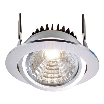 Ein eingelassener LED-Strahler mit rundem Rahmen und metallener Oberfläche strahlt helles Licht aus, geeignet für die Deckeneinbau.