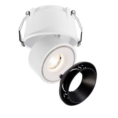Verstellbarer LED-Spot mit weißem Gehäuse und schwarzem Ring für Deckeneinbau, geeignet für gezielte Beleuchtung und Akzentuierung.