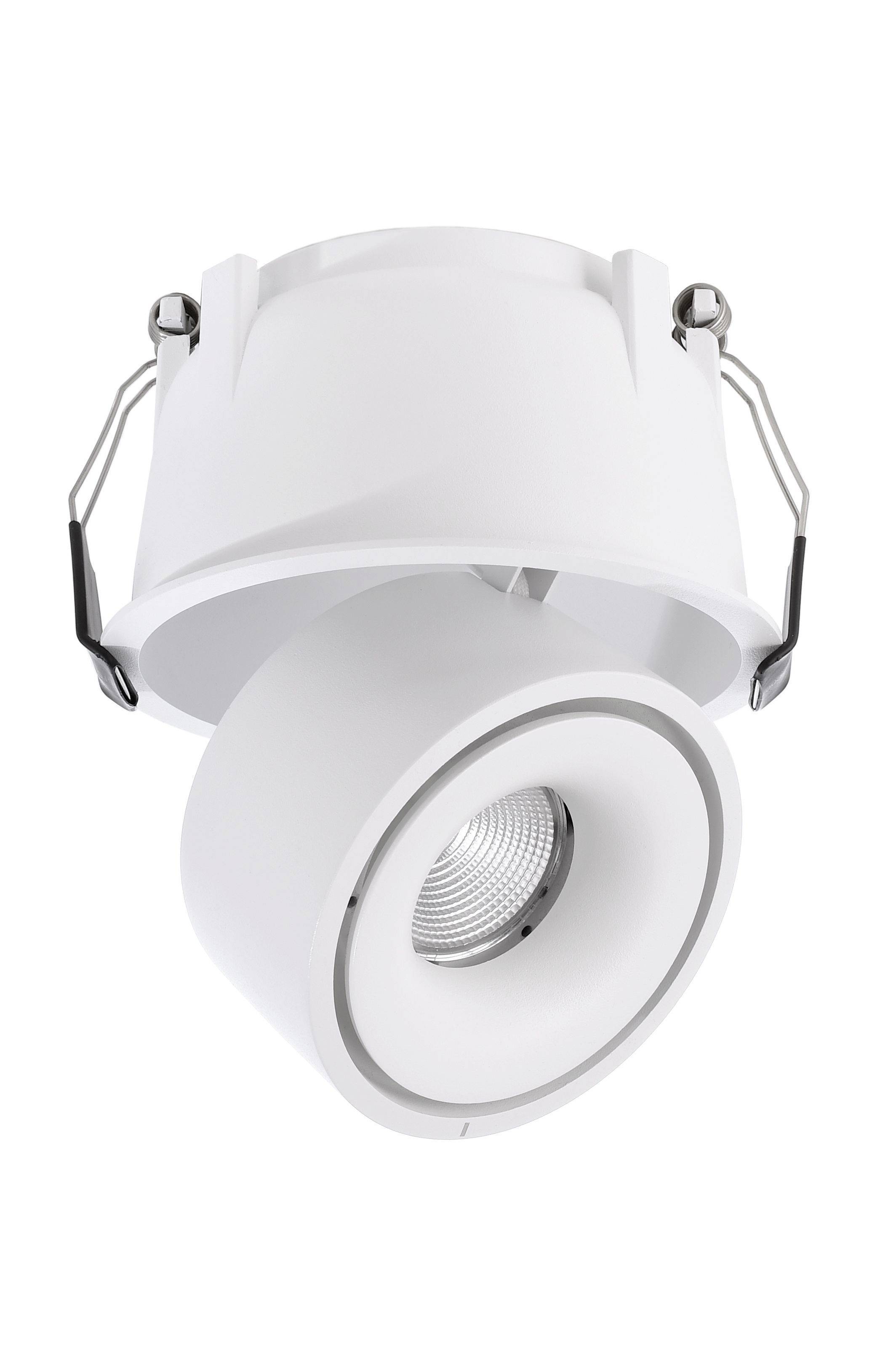 Ein weißes, verstellbares Einbau-Spotlicht mit rundem Gehäuse und Halterungen.