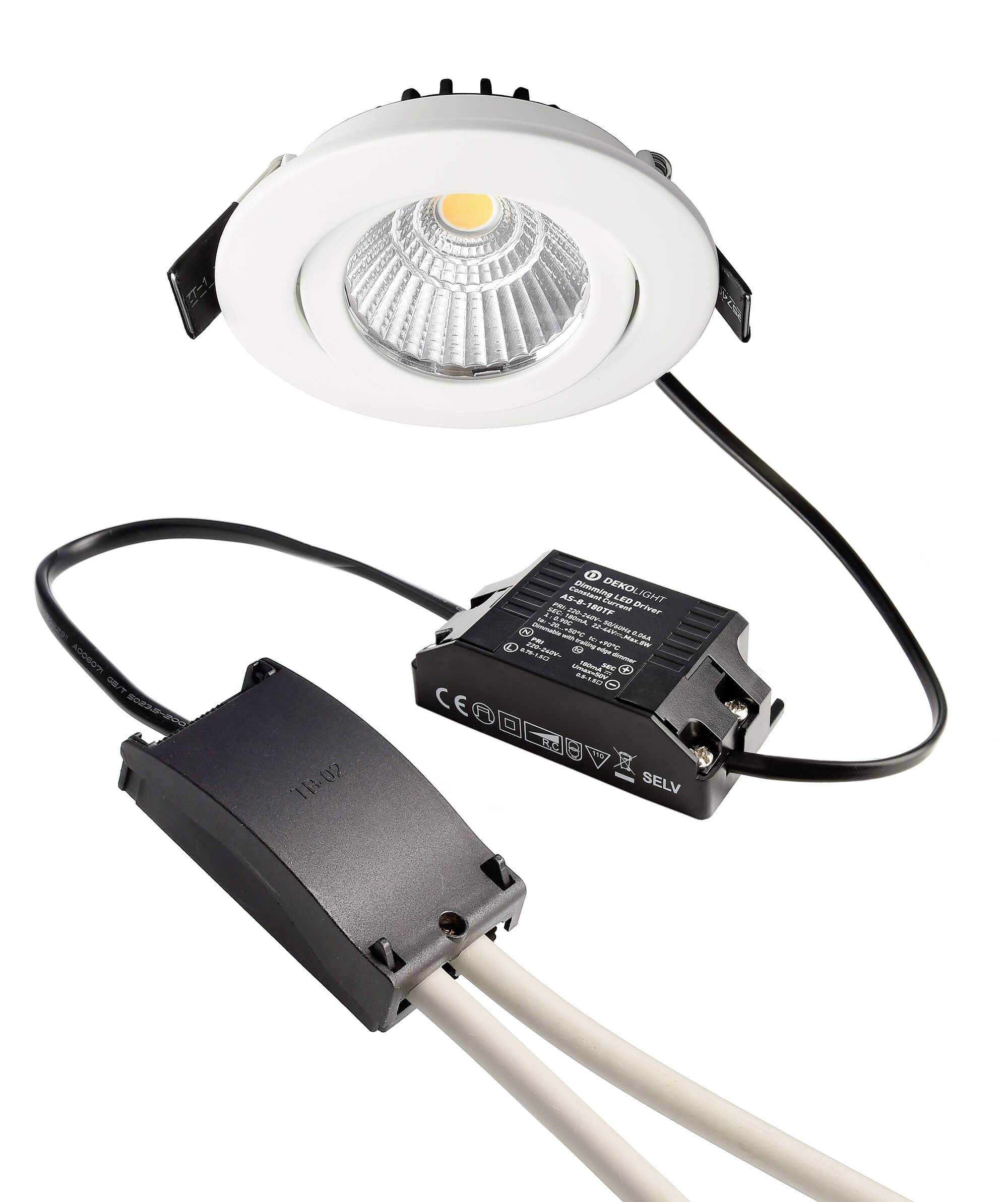 Einbaustrahler-Set bestehend aus LED-Einbaustrahler in Weiß mit schwarzem Kabel und angebrachter schwarzer Vorschaltgerätbox.