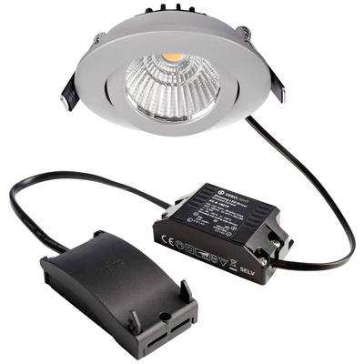 Ein runder LED-Deckeneinbauspot in silber mit einem Transformator und Kabel verbunden, geeignet für moderne Beleuchtungslösungen.
