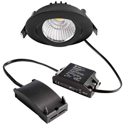 Schwarzer LED-Einbaustrahler mit integriertem Treiber, verbunden durch ein Kabel. Ideal für Innenbeleuchtung, energieeffizient.