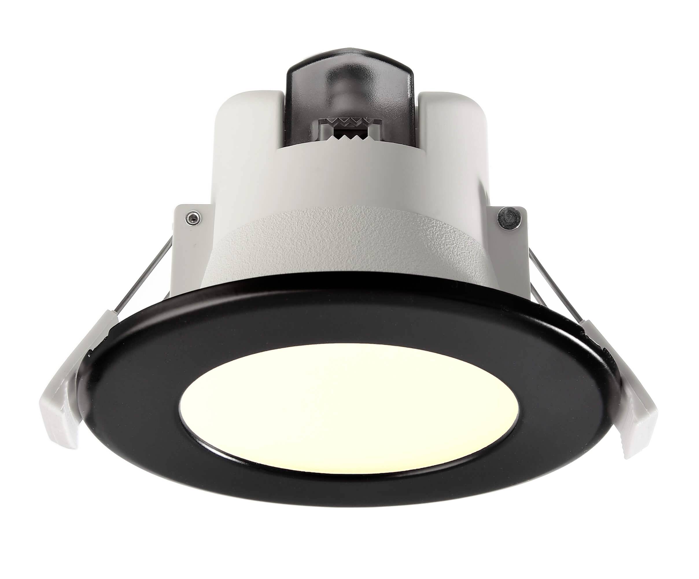 LED-Downlight mit rundem, schwarzem Rahmen und zwei seitlichen Federklemmen zur Befestigung, leuchtet hell.