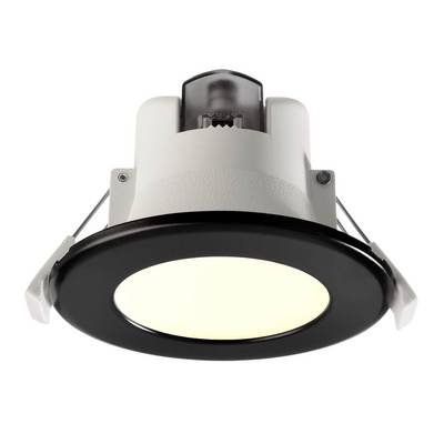 LED-Downlight mit rundem, schwarzem Rahmen und zwei seitlichen Federklemmen zur Befestigung, leuchtet hell.
