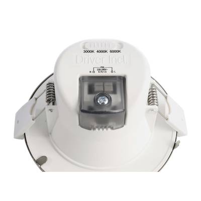 Ein runder LED-Deckenstrahler mit Farbtemperaturoptionen von 3000K, 4000K und 6000K. Der Treiber ist im Gehäuse integriert.