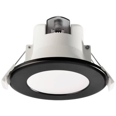 Runde LED-Deckenleuchte mit schwarzem Rahmen und schwenkbaren Halteklammern, geeignet für den Einbau in die Decke.