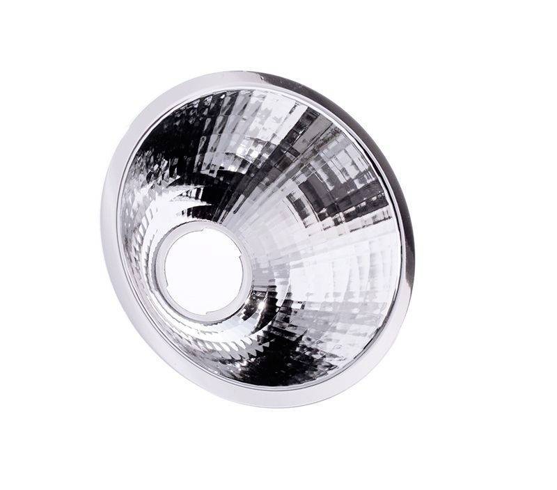 Reflektor aus Metall mit gerillter Innenseite, rund, silbern glänzend, dient als Lichtverstärker für Beleuchtungszwecke.