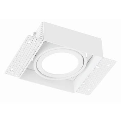 Quadratische, weiße Einbauleuchte mit rundem Mittelteil, umgeben von perforierten Rändern für einfache Montage in Decken.