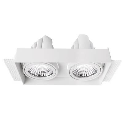 Einbau-LED-Spot mit zwei runden Leuchten und weißem Rahmen, geeignet für deckenbündige Montagen.