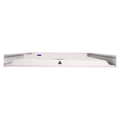 Ein rechteckiger LED-Panel-Deckenleuchte mit weißem Rahmen und einem kleinen blauen Schalter an der Seite.