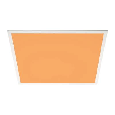 Rechteckiges oranges Panel mit weißem Rahmen, dargestellt aus einer perspektivischen Ansicht, möglicherweise eine Deckenleuchte.