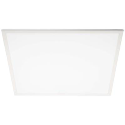 Ein quadratisches LED-Panel leuchtet weiß, mit einem schmalen Rahmen. Geeignet für Deckenmontage in Innenräumen.
