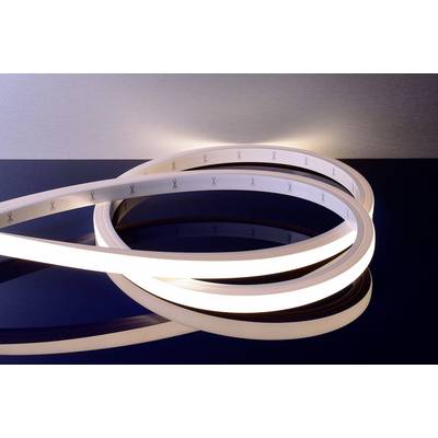 Flexibles LED-Lichtband auf dunkler Fläche. Das Band ist in geschwungenen Formen angeordnet und beleuchtet die Umgebung dezent.