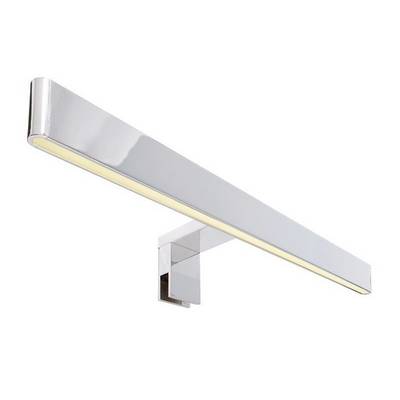 Chromfarbene, rechteckige LED-Wandleuchte mit flachem Design und warmweißer Lichtfarbe. Ideal zur Ausleuchtung von Spiegeln.