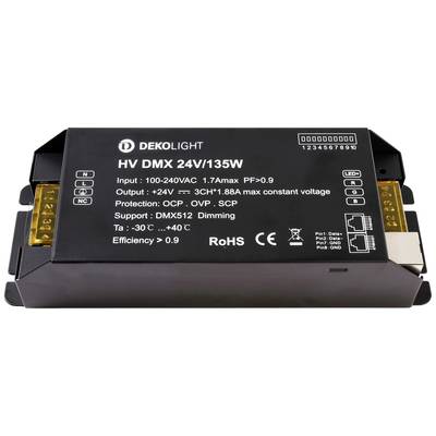 Schwarzes Gehäuse eines DMX LED-Konverters der Marke Dekolight, Modell HV DMX 24V/135W, mit technischer Beschriftung und Leistungsdaten.