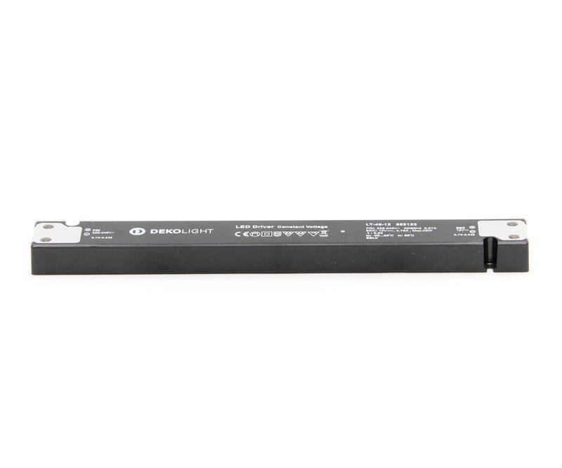 Ein schwarzer LED-Treiber der Marke Dekolight mit technischen Angaben und Symbolen auf der Oberfläche.