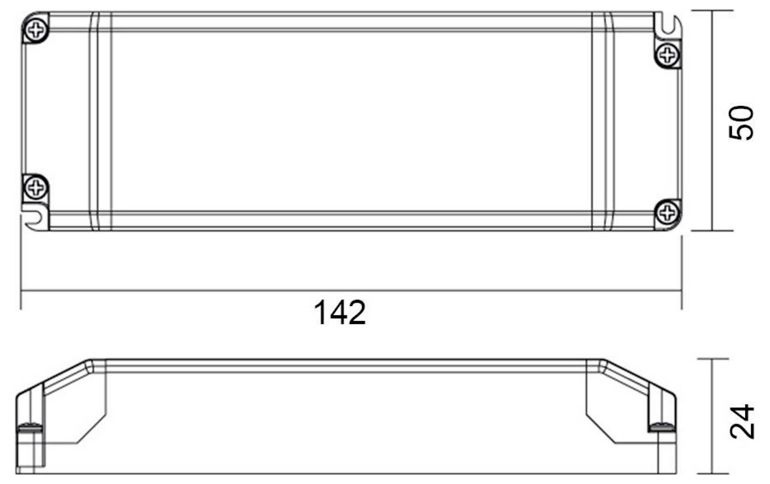 Technische Zeichnung eines rechteckigen Gerätegehäuses mit abgerundeten Ecken und Endkappen, dargestellt in Drauf- und Seitenansicht, beschriftet mit 142 mm Länge, 50 mm Breite und 24 mm Höhe.