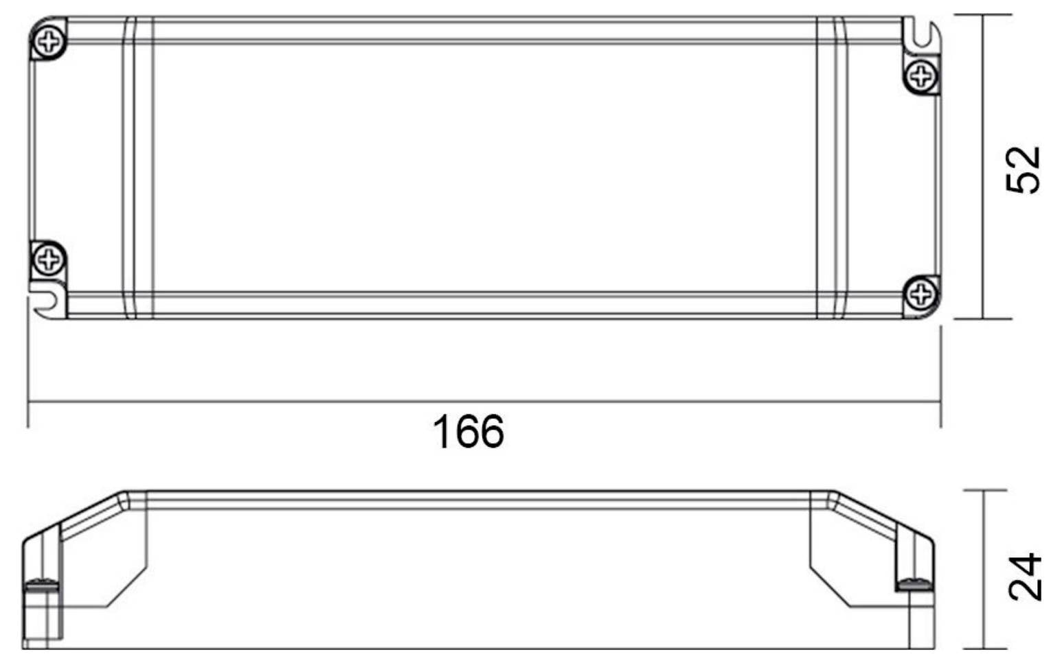 Technische Zeichnung eines rechteckigen Bauteils mit Schraubenlöchern, mit Drauf- und Seitenansicht; Maße beschriftet mit 166 breit, 52 hoch und 24 tief.