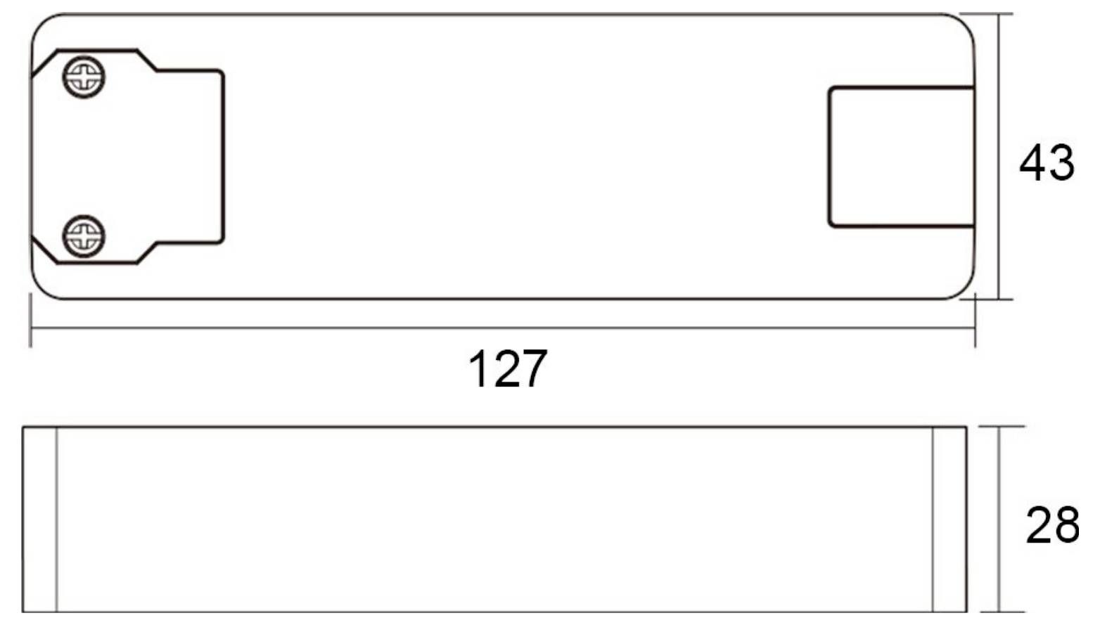 Technische Zeichnung eines rechteckigen Geräts oder Paneels in Front- und Seitenansicht, beschriftet mit 127 breit, 43 hoch und 28 tief, mit Befestigungslöchern und Endlaschen.