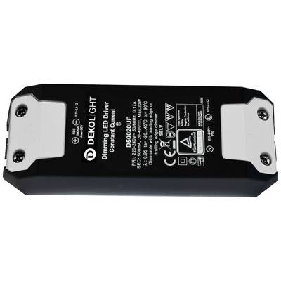 Ein rechteckiger LED-Treiber mit der Aufschrift 'DEKOLIGHT Dimming LED Driver'. Zeigt Spezifikationen, CE- und RoHS-Symbole.