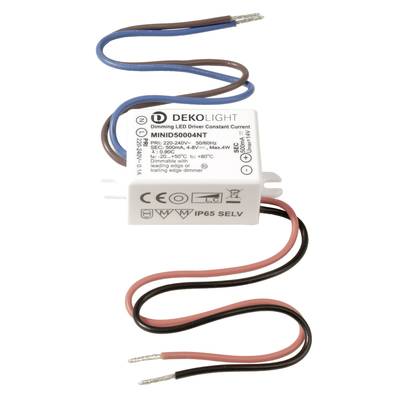 'Ein weißer LED-Treiber von DEKOLIGHT mit mehrfarbigen Kabeln, Modell MINI DS50004NT, spezifiziert für 320-240V, 50/60Hz, IP65.'