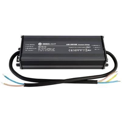 Ein schwarzer LED-Treiber von Dekolight mit Modellnummer V6-75-12. Geeignet für den Innen- und Außenbereich, IP67 klassifiziert.