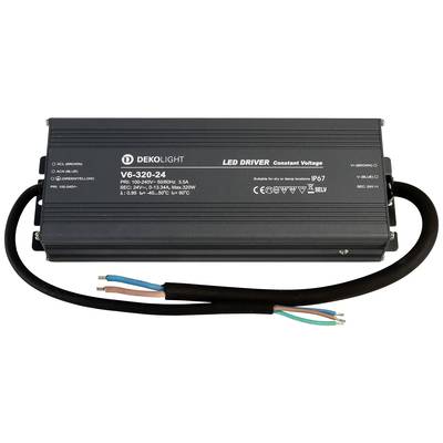 Ein LED-Treiber in rechteckiger Form mit der Aufschrift 'DEKOLIGHT LED DRIVER Constant Voltage V6-320-24'. Geeignet für trockene und feuchte Umgebungen.