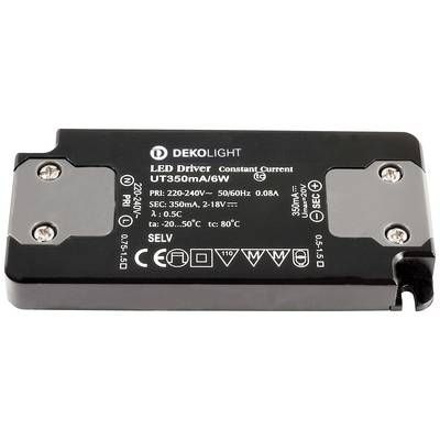 Schwarzes rechteckiges LED-Treibergerät mit der Aufschrift 'DEKOLIGHT', technischen Spezifikationen und Sicherheitshinweisen.