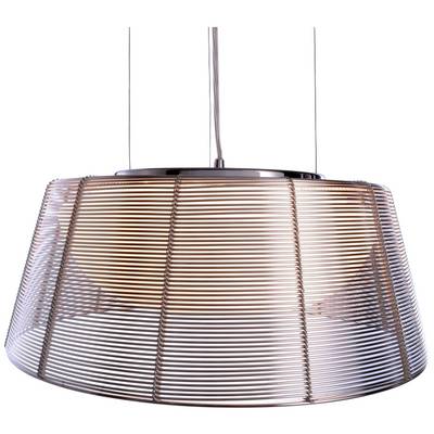 Moderne Hängelampe mit metallischem, gitternetzartigem Schirm, strahlt warmes Licht aus.
