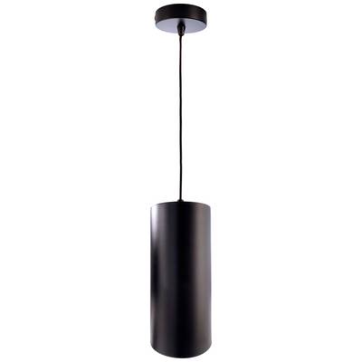 Eine schwarze zylindrische Deckenleuchte hängt an einem Kabel.