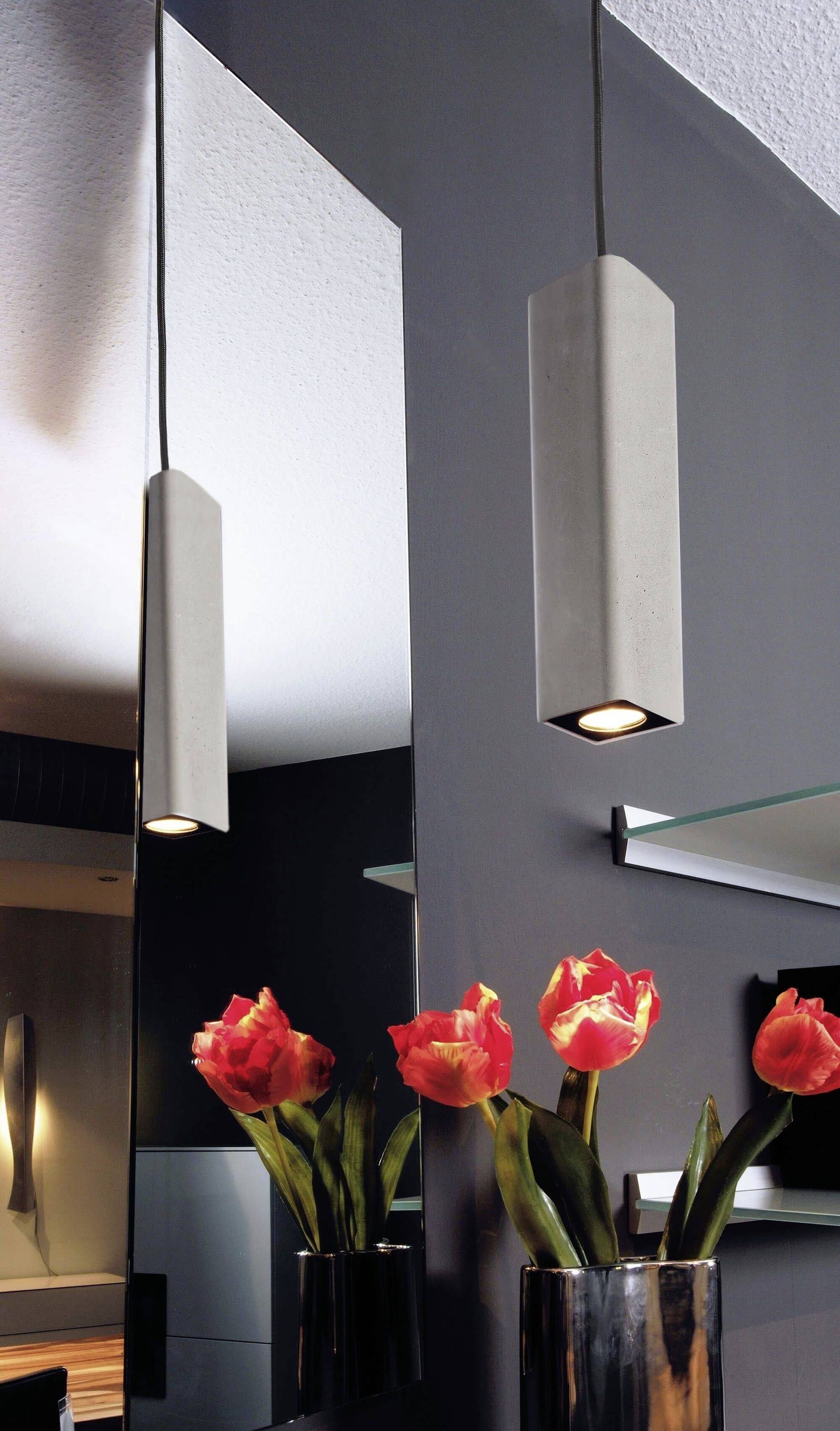 Moderne Hängelampe in einem stilvollen Raum mit dunkelgrauen Wänden und rot blühenden Tulpen in einem glänzenden, silbernen Topf.