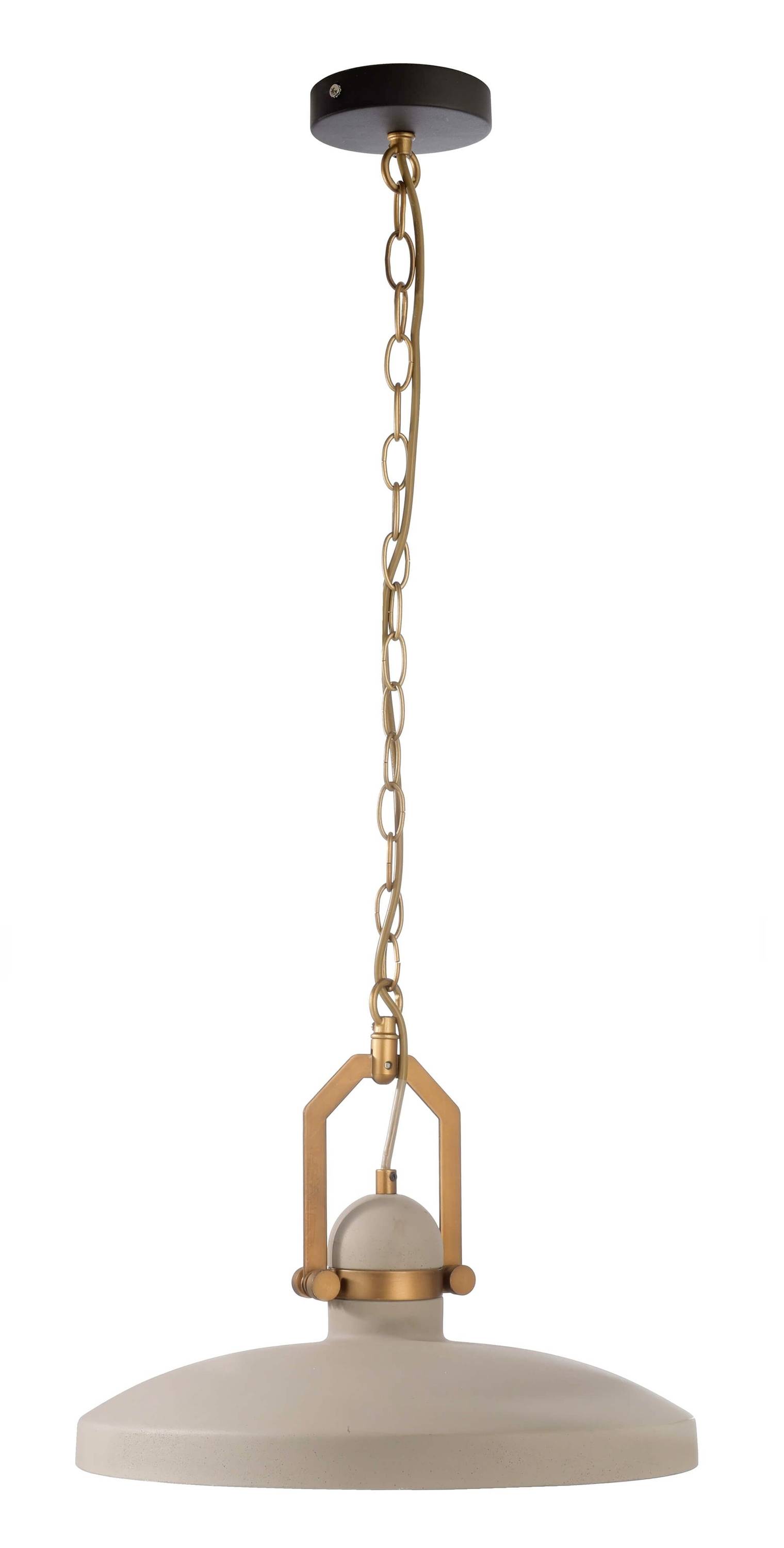 Eine hängende Lampe mit einer Kette und einem runden, grauen Schirm. Sie hat ein modernes Design mit goldenen Akzenten.