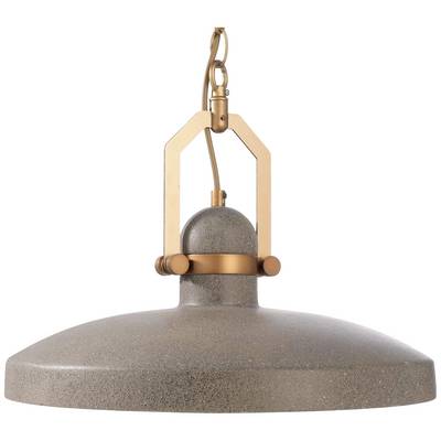 Eine metallische Hängelampe mit breitem, flachem Schirm und goldenem Aufhängungsdetail, geeignet für industrielle Inneneinrichtungen.