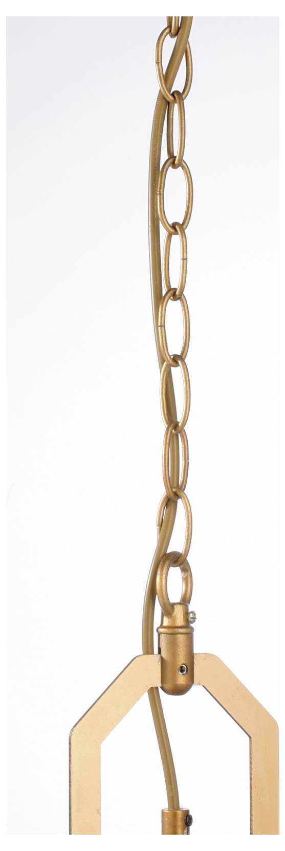 Eine goldene Kette hängt senkrecht herab und ist unten an einer Metallklemme oder einem Haken befestigt.