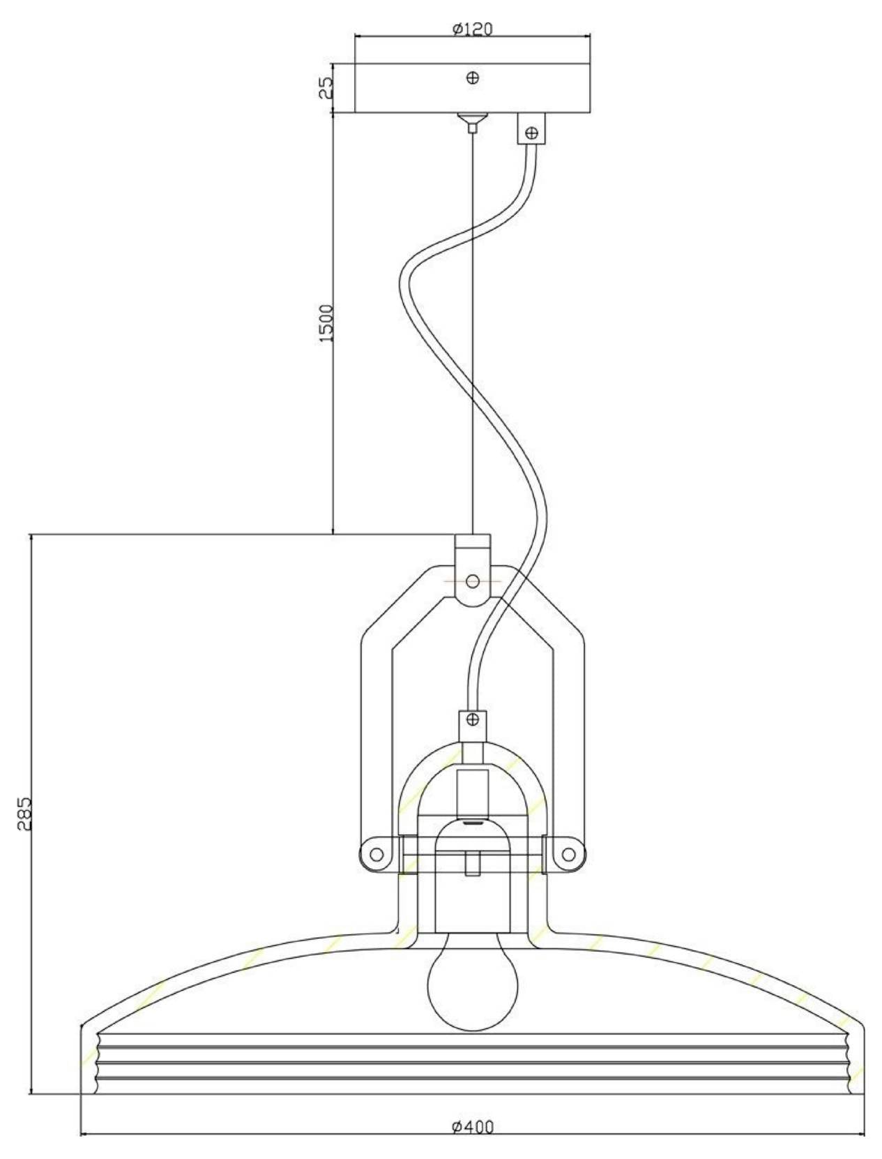 Technische Strichzeichnung einer Hängeleuchte mit Maßangaben, die eine Deckenrosette, die Kabelführung sowie einen gebogenen Schirm bzw. Sockel zeigt, beschriftet mit 400 mm Breite und 285 mm Höhe.