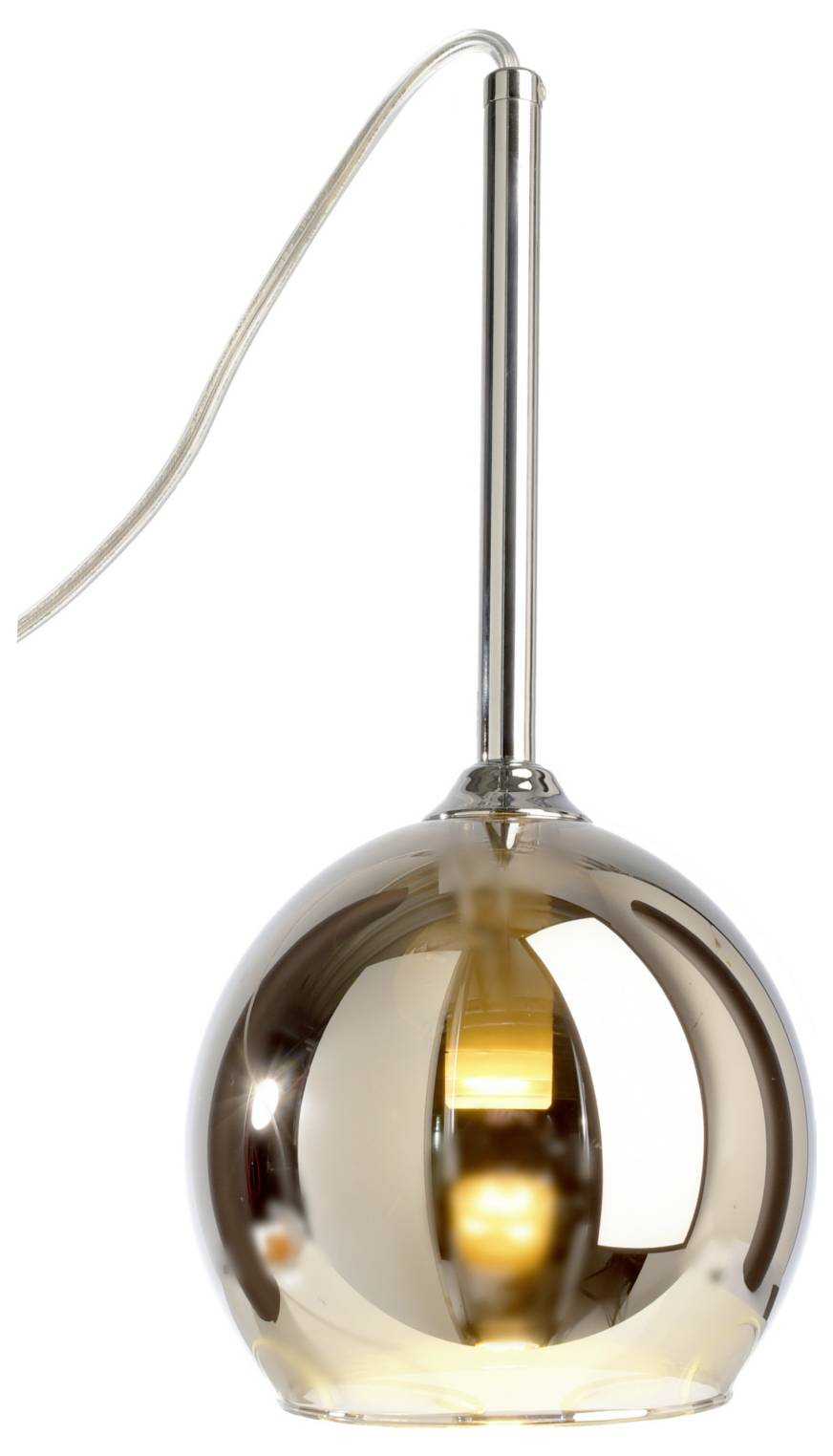 Moderne Hängeleuchte mit verchromtem Stiel, transparentem Kabel und reflektierendem Rauchglas-Lampenschirm vor weißem Hintergrund.